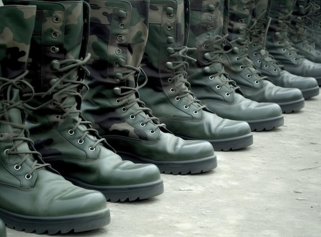 Военные ботинки на ногах солдат, стоящих в ряд Создано с помощью технологии генеративного искусственного интеллекта