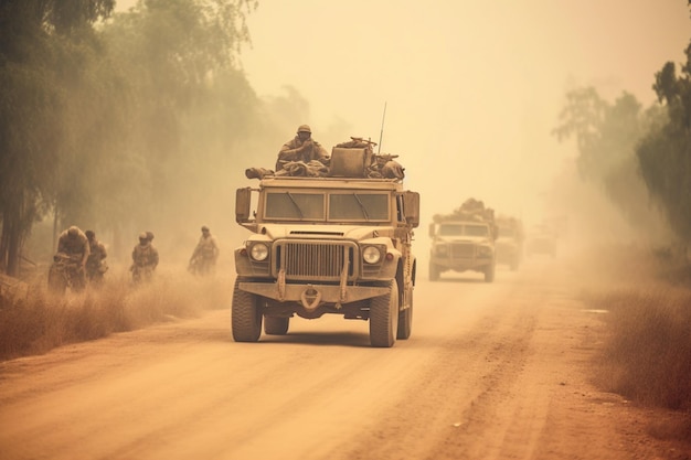 Военный вертолет и армейские машины летают и едут, въезжая в дым и войну