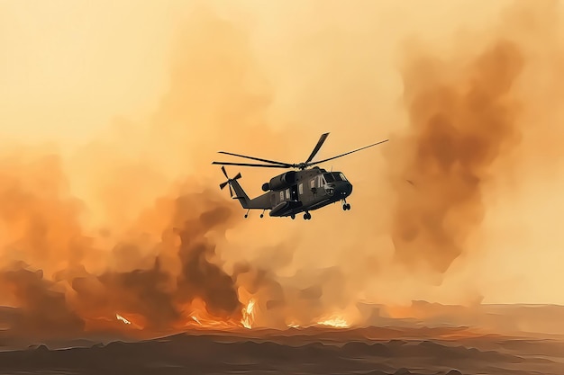Military chopper flies through desert amidst fire and smoke