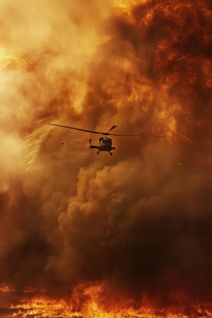 Photo military chopper maneuvers through intense fire billowing smoke in stark desert landscape