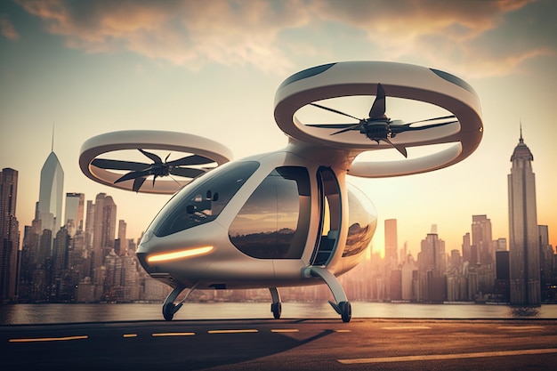 Military and civillian helicopter of the future in motion in a futuristic style on the background of the urban landscape New technologies cyberpunk high resolution art artificial intelligence