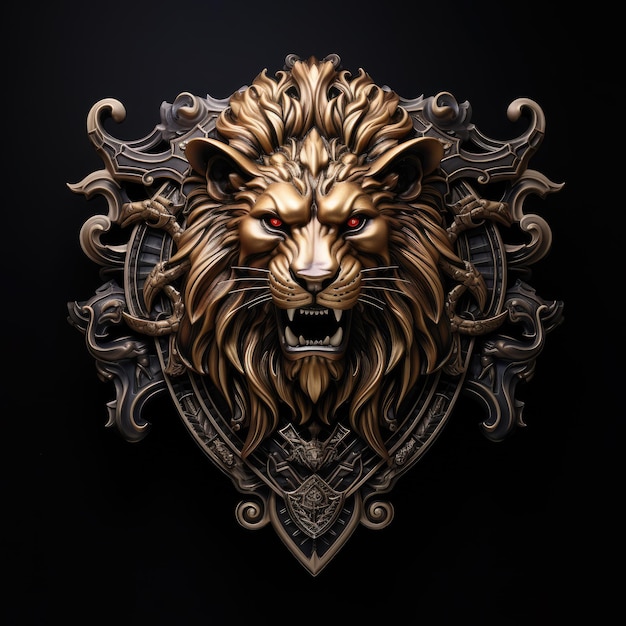 Photo military coat of arms with golden lion head blazony with lion head on a dark background ai generated