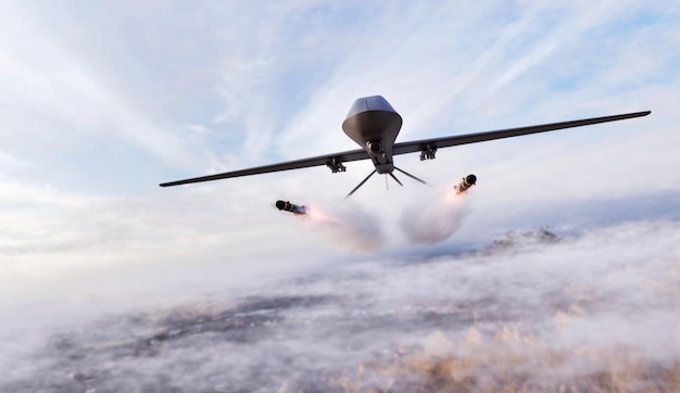 Photo military combat drone uav launching missiles