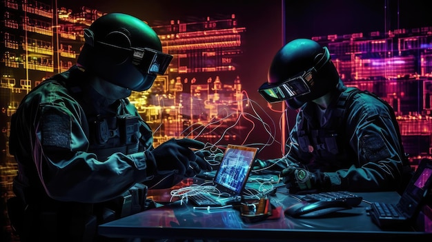Photo military at computers in a dark room