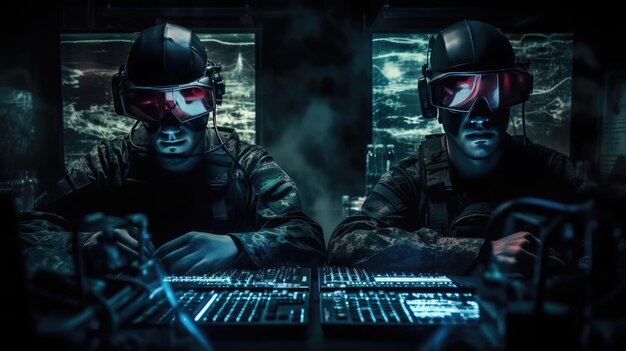 Photo military at computers in a dark room