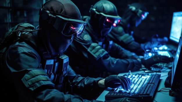 Foto militari davanti ai computer in una stanza buia