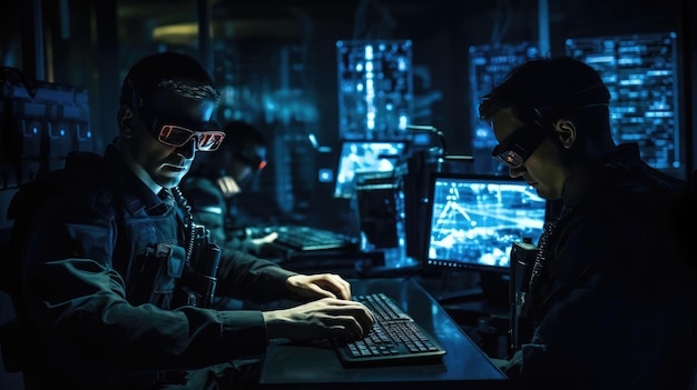 Военные за компьютерами в темной комнате
