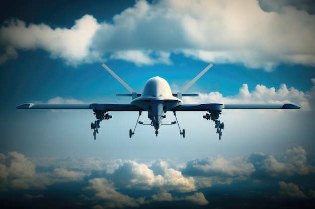 A military drone is flying in the sky with the words military on it.