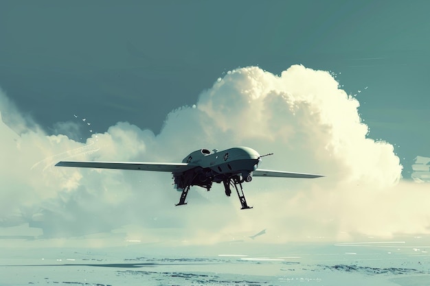 A military drone is flying through a cloudy sky