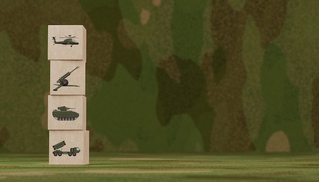 Military equipment wooden block icons on with camouflage\
background copy space army war battle conflict weapons of tank\
aircraft artillery navy airforce and armed special forces