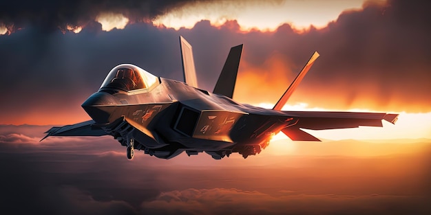 素晴らしい夕日の上を飛ぶ軍用 F35 飛行機