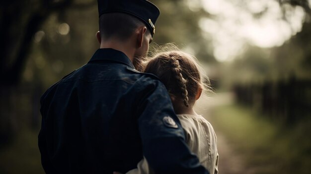 Военный отец и дочь идут вместе по природной тропе