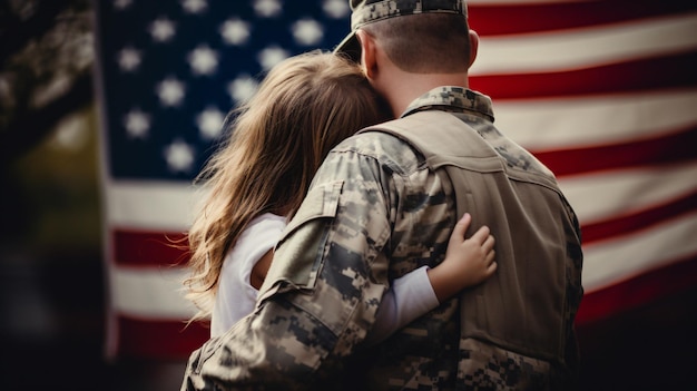 Photo military father hugging his daughter with an america