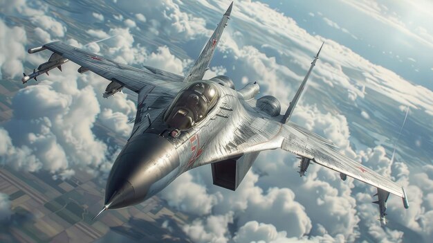 Military fighter aircraft at high speed flying high in the sky