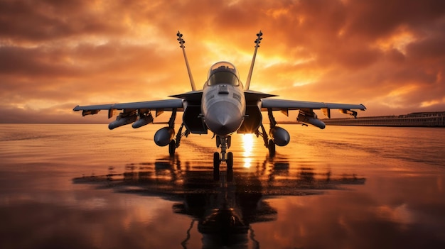 Military fighter aircraft during the sunset