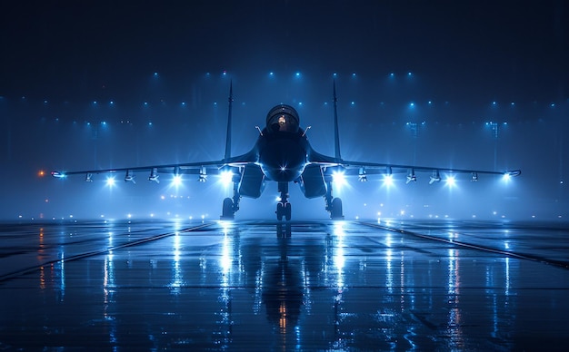 Military fighter jet on aircraft carrier deck illuminated by spotlights
