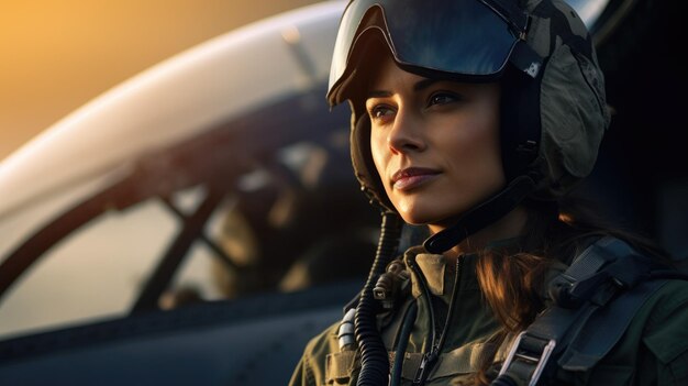 Military fighter jet woman pilot portrait half body copyspace