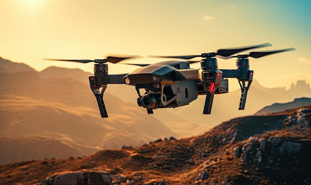 Military fpv drone hovering over a vast desert landscape with distant mountains Unmanned aerial vehicle gliding above barren terrain Created with generative AI tools