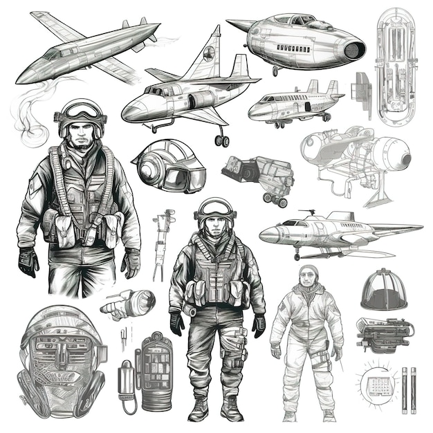 Military graphics set line art Generative AI