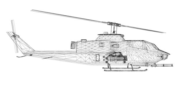 3D модель военного вертолета, структура корпуса, проволочная модель