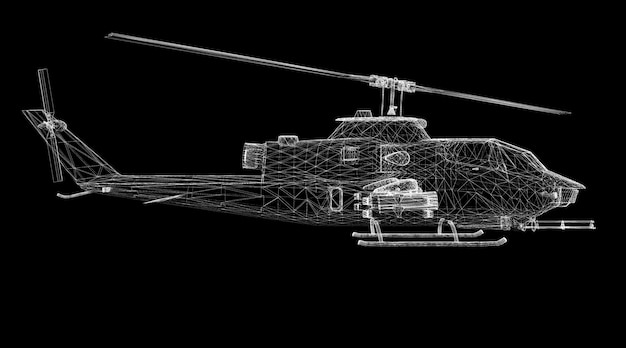 Military helicopter 3D model body structure, wire model