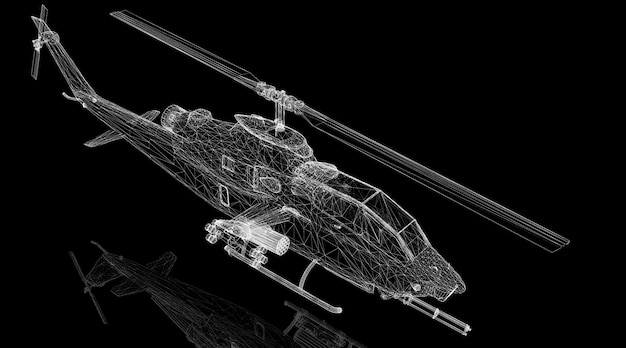 Military helicopter 3D model body structure, wire model