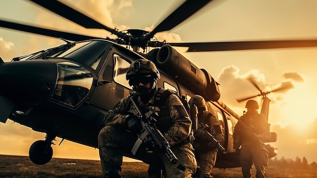 Photo military helicopter in action soldiers in military uniform with weapons in their hands