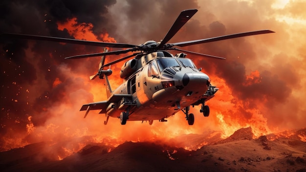 군용 헬리터 가 전투 를 벌이고 있으며, 불꽃 같은 배경 효과 가 있다