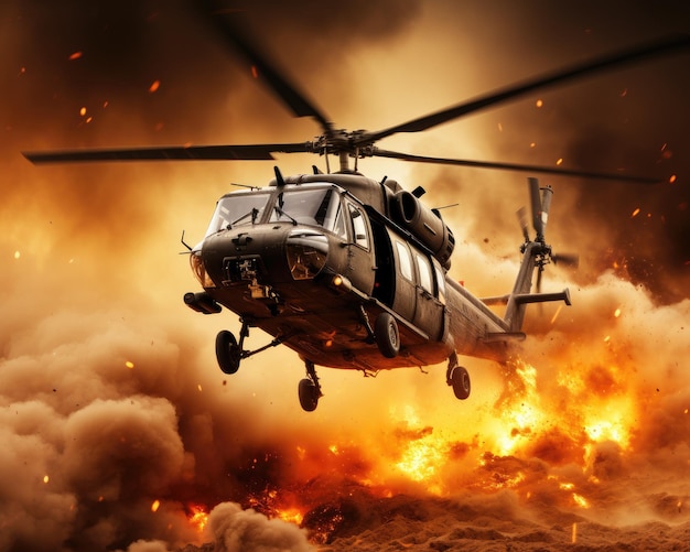 Military helicopter crosses dust and fire