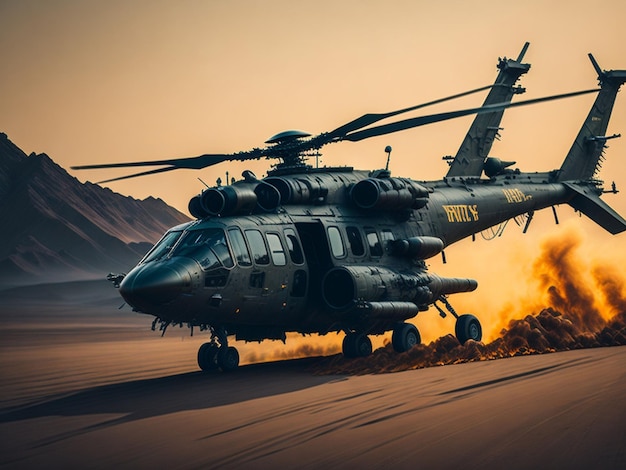 Military helicopter in the desert at sunset