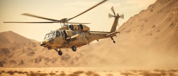 Military helicopter flies over a desert landscape Generative AI