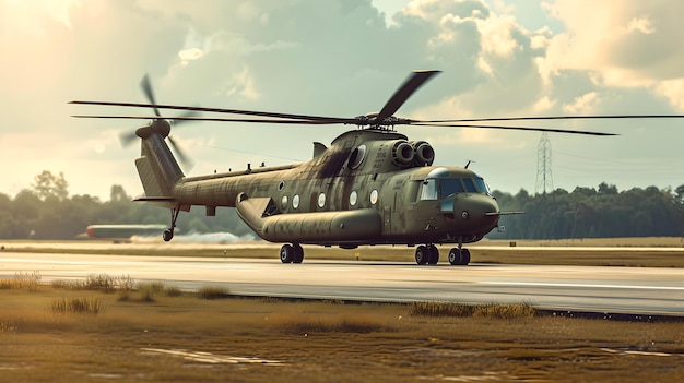 사진 군용 헬리터가 황금 시간 동안 활주로에 착륙하여 항공의 힘과 작전 준비를 보여줍니다.