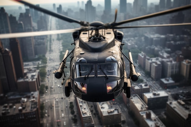 Military Helicopter Patrolling Over Urban Landscape