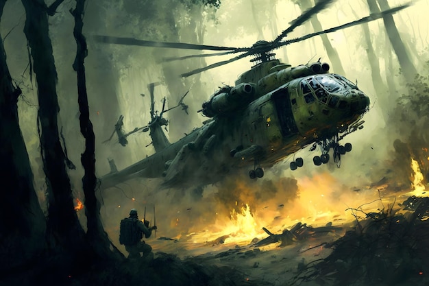 Military helicopters, forces, tanks, fire, smoke, generative ai