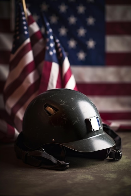 軍用ヘルメットとアメリカの国旗記念日のお祝い写真のコンセプト