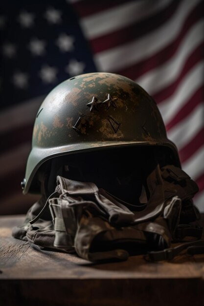 military helmet and american flagmemorial day celebration photo concept