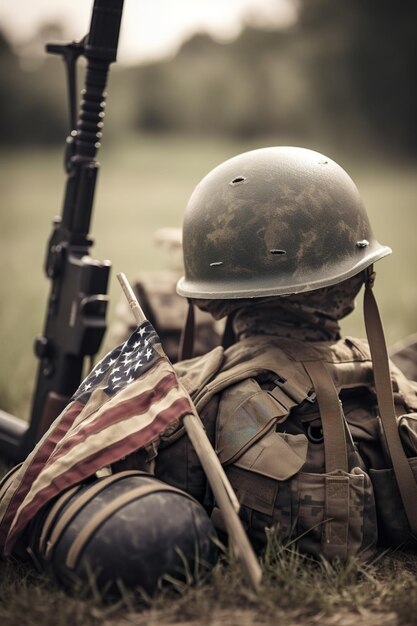 銃とブーツの記念日のお祝いの写真のコンセプトを持つ軍用ヘルメット