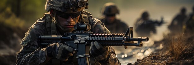 Photo a military holding riffle with complete military gears during war