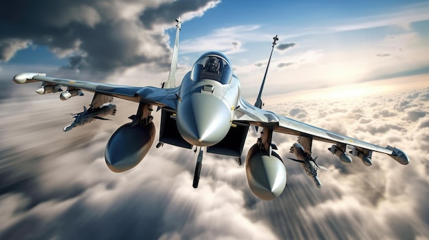 Foto immagine militare di un jet da combattimento che vola attraverso le nuvole intense sfocature di movimento sulla cabina di pilotaggio delle ali