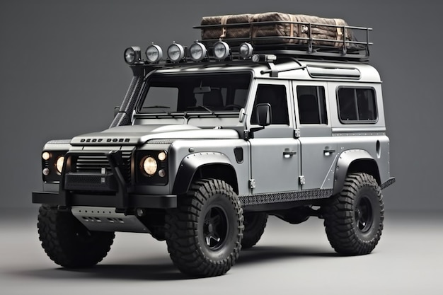 Military jeep with a suitcase on a gray background