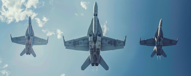 Photo military jet aircraft execute a precise formation flight over a desert terrain showing off power and