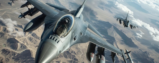 Photo military jet aircraft execute a precise formation flight over a desert terrain showing off power and