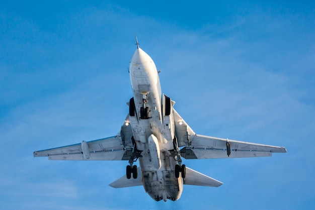 Military jet fighter airplane flying in sky