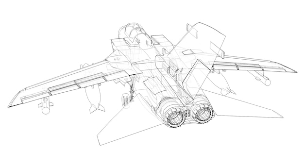 Силуэты военного истребителя. Изображение самолета в линиях контурного рисования. Внутреннее устройство самолета. 3D-рендеринг.