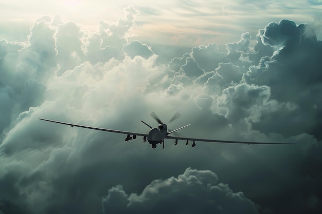 A military jet flies through a cloudy sky