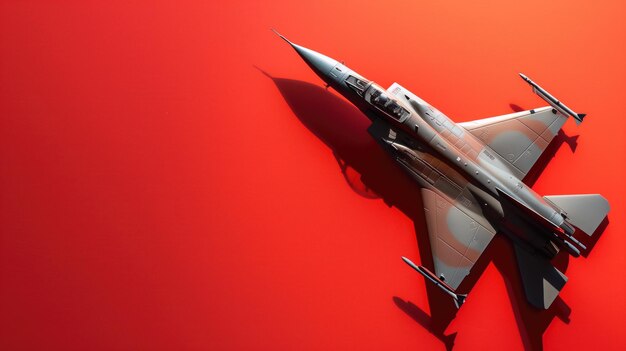鮮やかな赤い背景と著なコントラストとダイナミックな角度で軍用ジェット機が展示されています