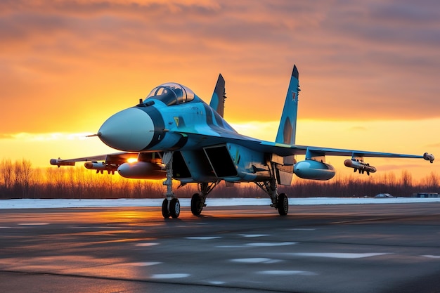 Military Jet on Runway During Sunset at an Air Force Base