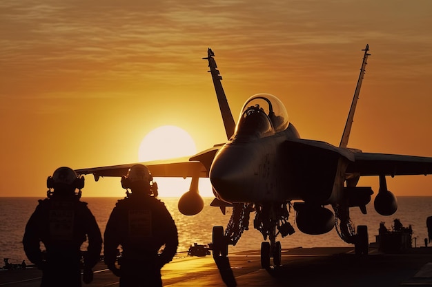 A military jet standing on a sailing navy aircraft carrier during sunset Generative ai