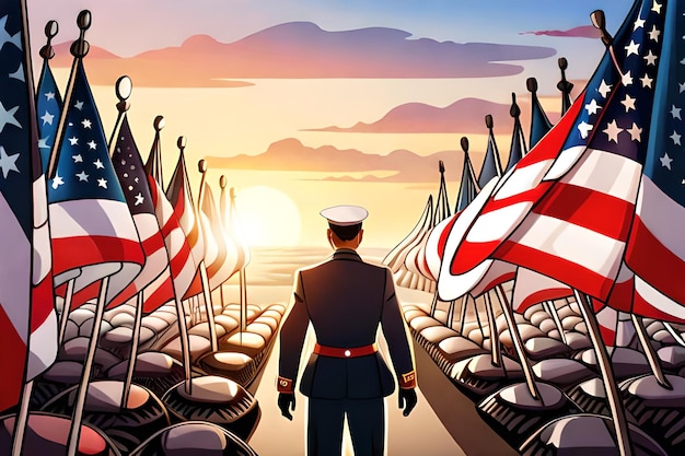 A military man in a blue uniform stands in front of a row of american flags.