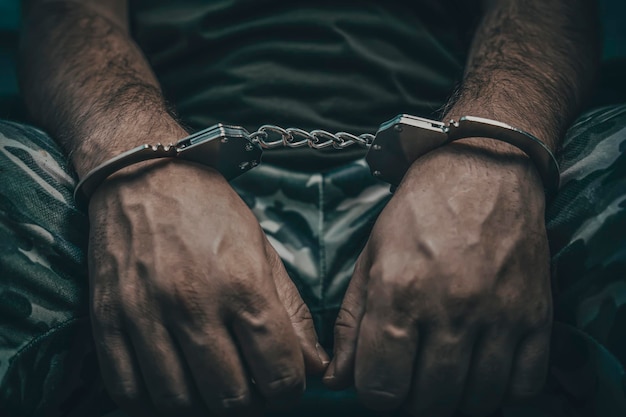 Фото Военный в наручниках на темном фоне избирательный фокус концепция военного преступника военнопленный трибунал для дезертиров предатель родины военнопленный на допросе